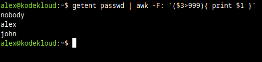 Screenshot showing how to filter "getent passwd" output with "awk" command to only show regular (non-system) user accounts on Linux