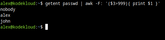 Screenshot showing how to filter "getent passwd" output with "awk" command to only show regular (non-system) user accounts on Linux