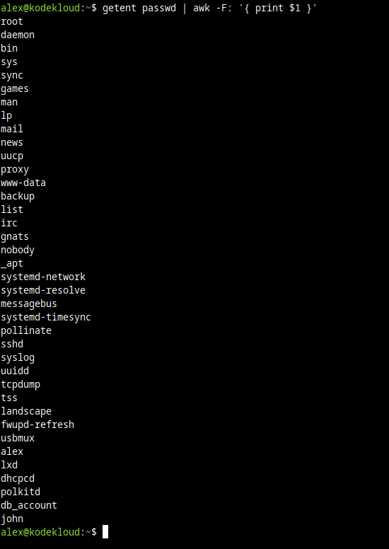 Screenshot showing how to list all Linux user accounts with the "getent" command