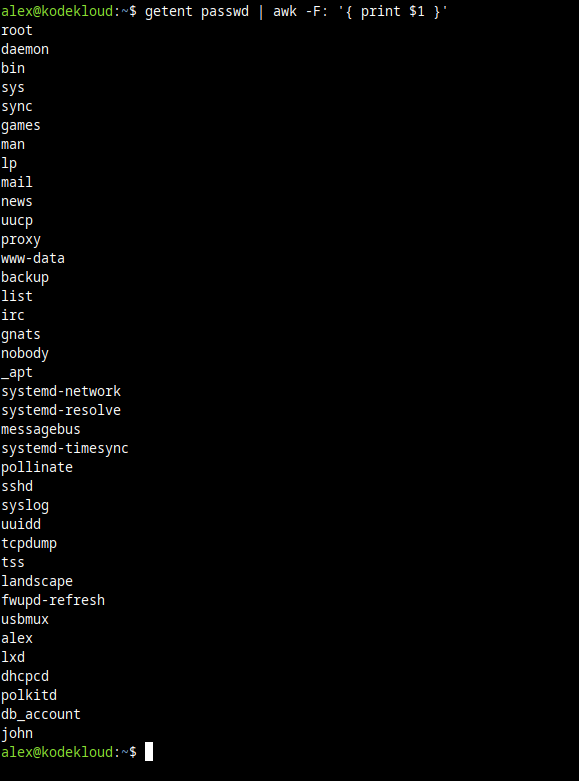 Screenshot showing how to use the "awk" command to filter just the usernames from the output of the "getent passwd" command