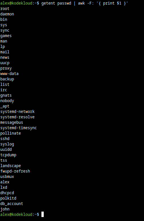 Screenshot showing how to filter "getent passwd" output with "awk" command, to only show list of usernames