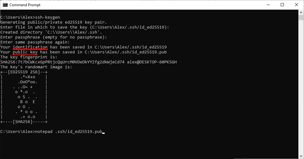 Screenshot of ssh-keygen utility generating SSH keys in Windows Command Prompt