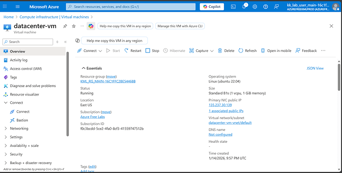 Screenshot of VM in Azure portal