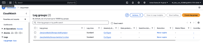 Clouwatch logs codebuild and lambda function