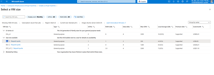 Azure size not available