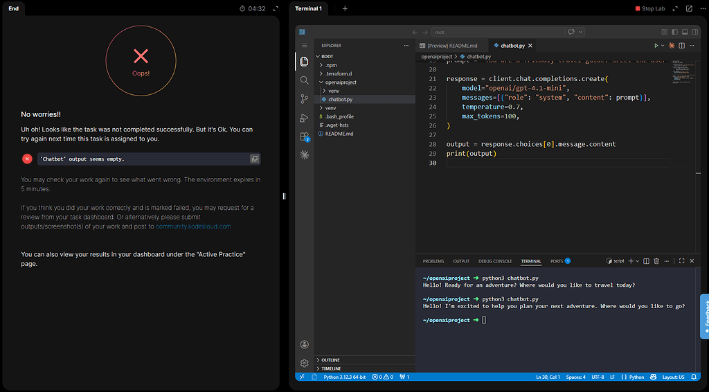 Issue: in AI level 1 task 2 Create an AI Chatbot - KodeKloud Engineer ...