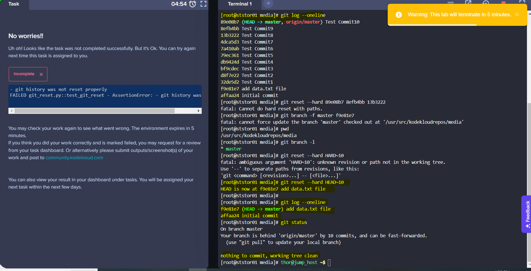 Git hard reset: error - KodeKloud Engineer - KodeKloud - DevOps ...
