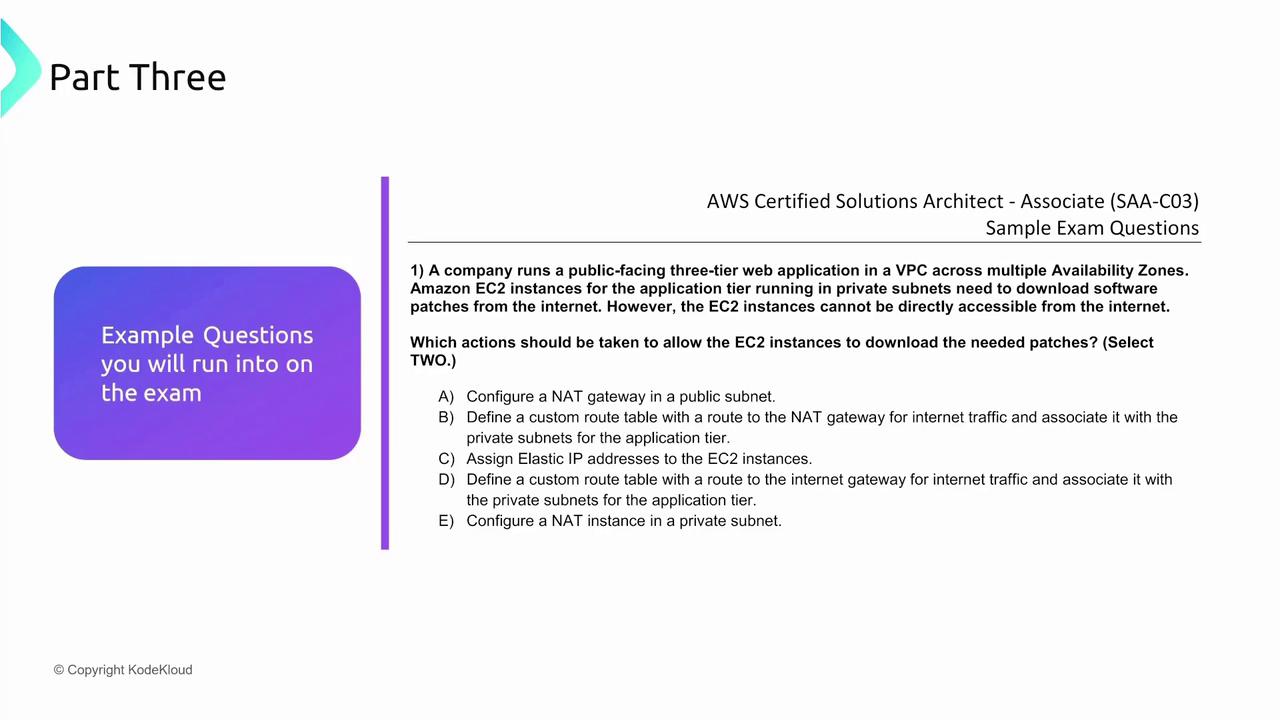 The image contains a sample exam question for the AWS Certified Solutions Architect - Associate (SAA-C03) exam, focusing on configuring EC2 instances in a VPC. It includes multiple-choice options related to network configuration.