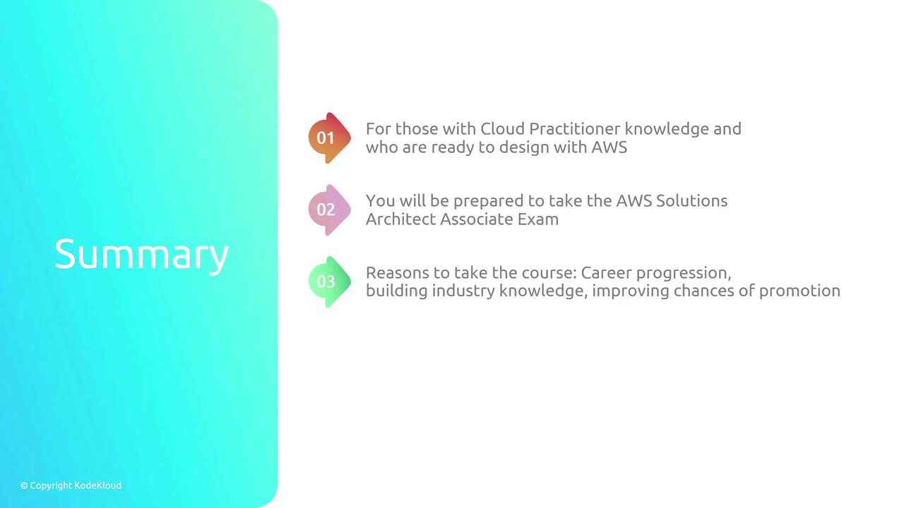 The image is a summary slide highlighting the benefits of an AWS course, including preparation for the AWS Solutions Architect Associate Exam and career progression.