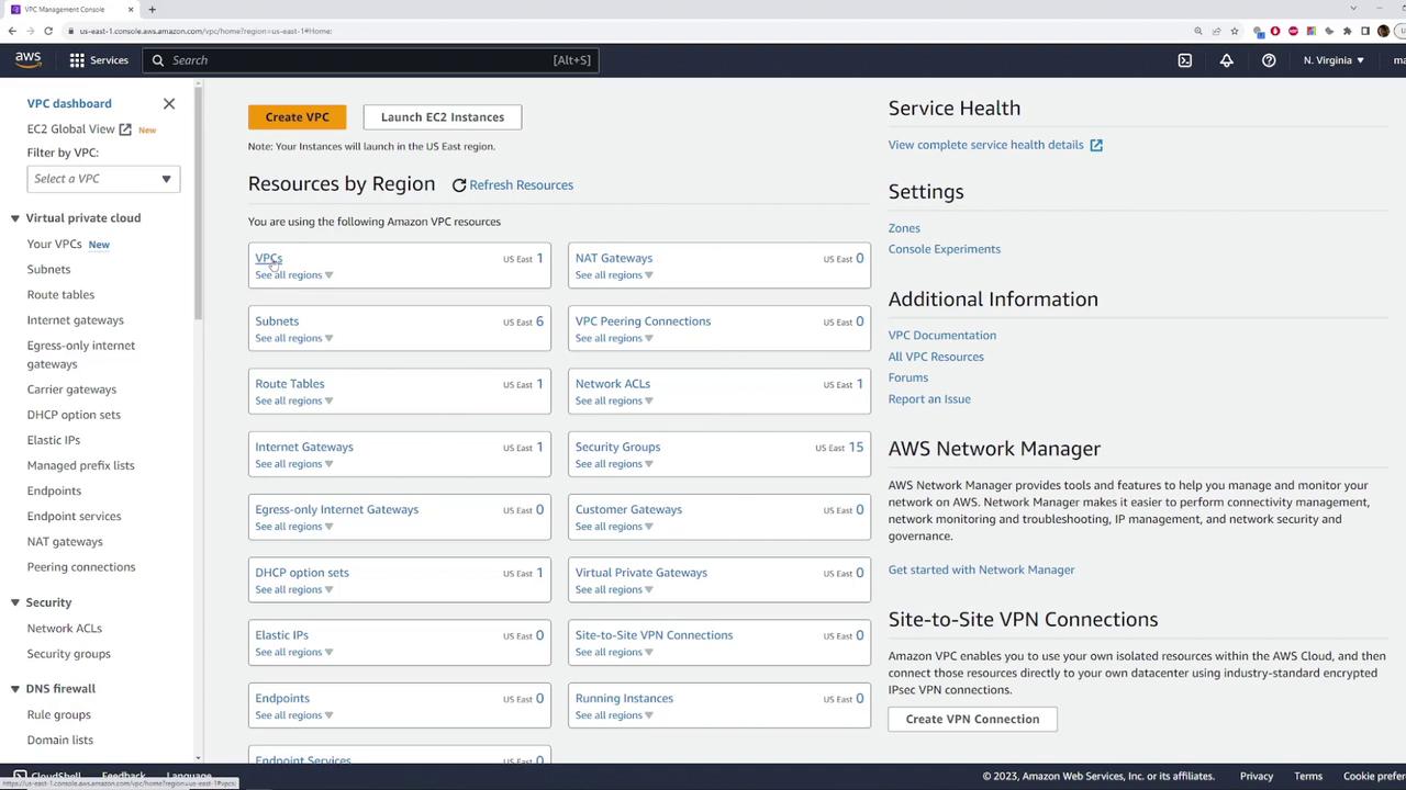 The image shows the AWS Management Console, specifically the VPC (Virtual Private Cloud) dashboard, displaying resources by region and various network management options.