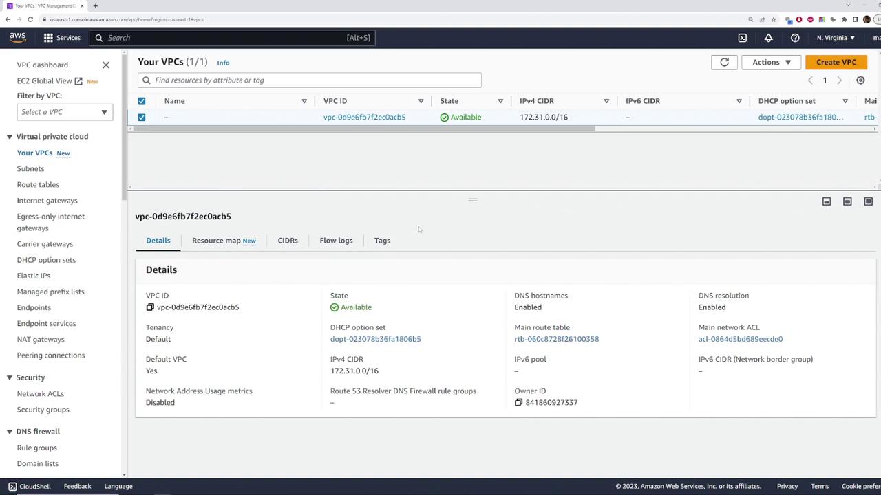 The image shows an AWS VPC (Virtual Private Cloud) management console, displaying details of a specific VPC, including its ID, state, and configuration settings.