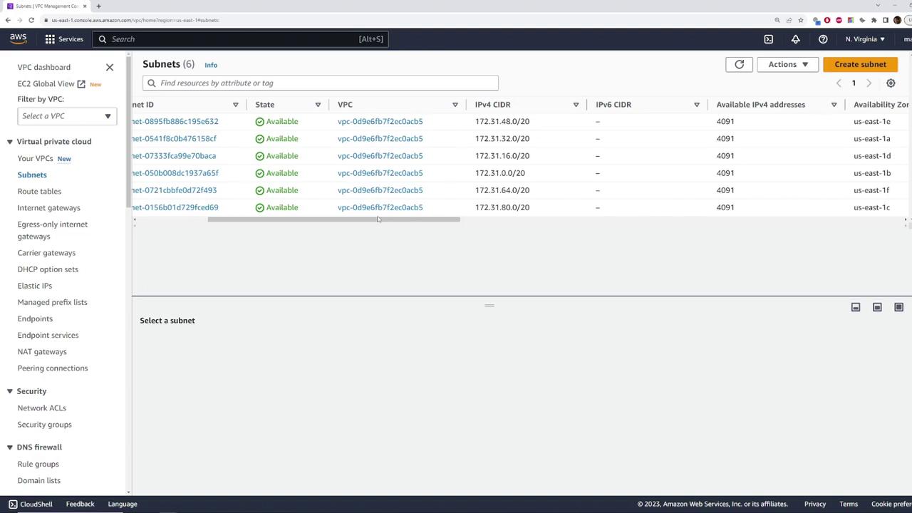 The image shows the AWS Management Console displaying a list of subnets within a Virtual Private Cloud (VPC), with details such as subnet ID, state, VPC, IPv4 CIDR, and availability zone.