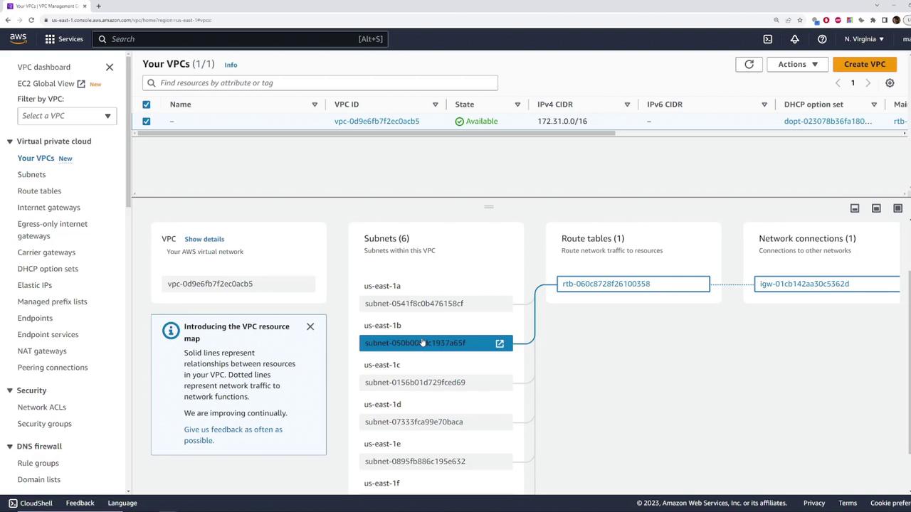 The image shows an AWS VPC management console displaying details of a virtual private cloud, including subnets, route tables, and network connections. The interface highlights the relationships between these components.