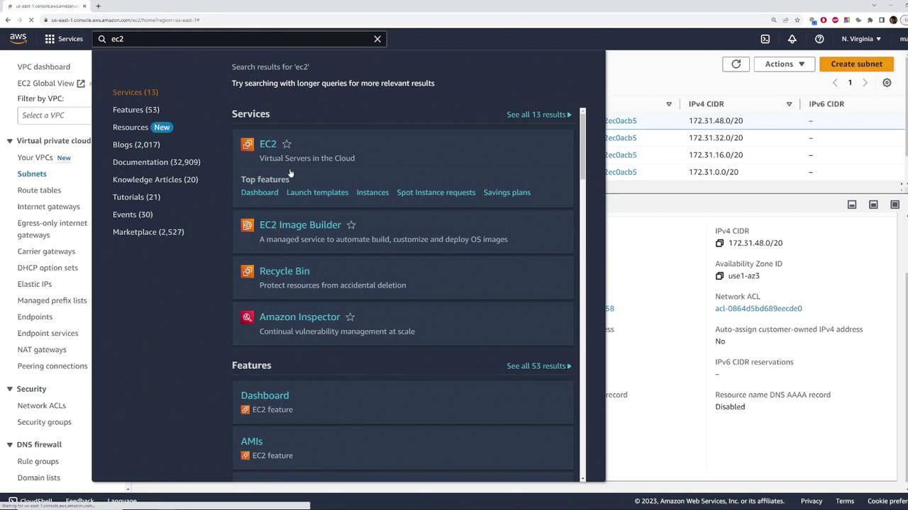 The image shows an AWS Management Console interface with a search for "EC2" and a list of related services and features. The right side displays subnet details, including IPv4 CIDR and network ACL information.