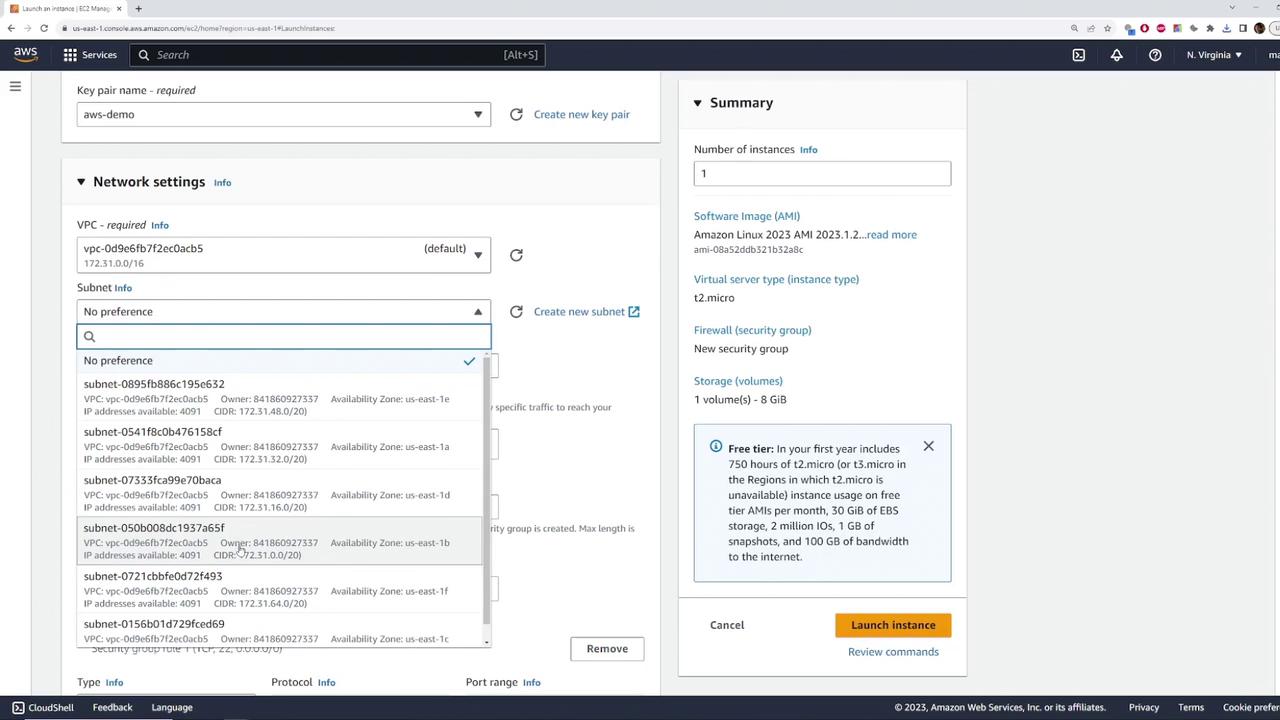 The image shows an AWS EC2 instance launch configuration screen, detailing network settings and a summary of the instance specifications.