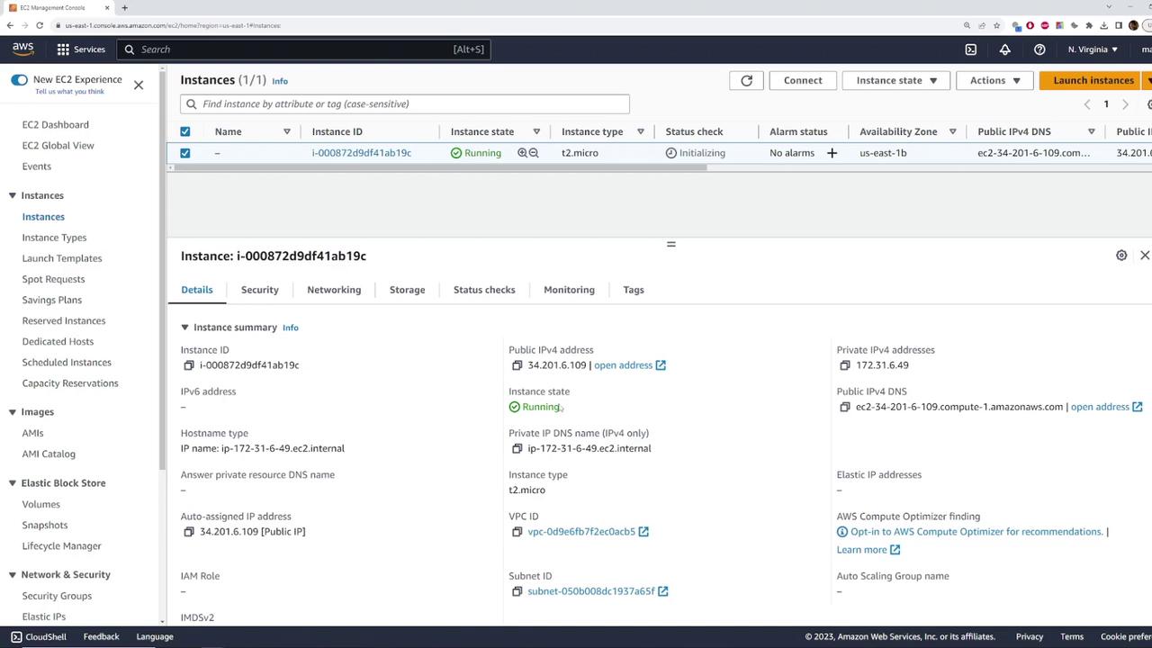 The image shows an AWS EC2 Management Console displaying details of a running instance with ID i-000872d9df41ab19c, including its public and private IP addresses and instance type (t2.micro).