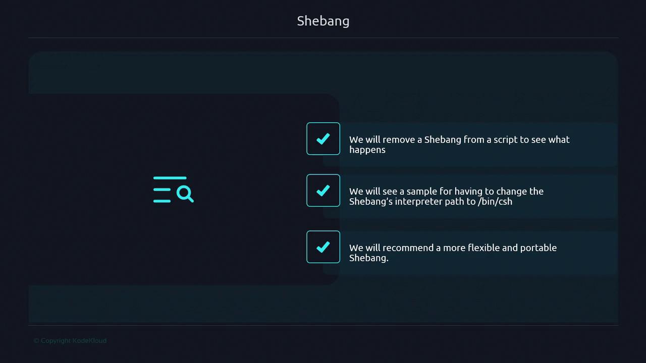 The image is a slide titled "Shebang" with a checklist of three items related to modifying and recommending shebangs in scripts.