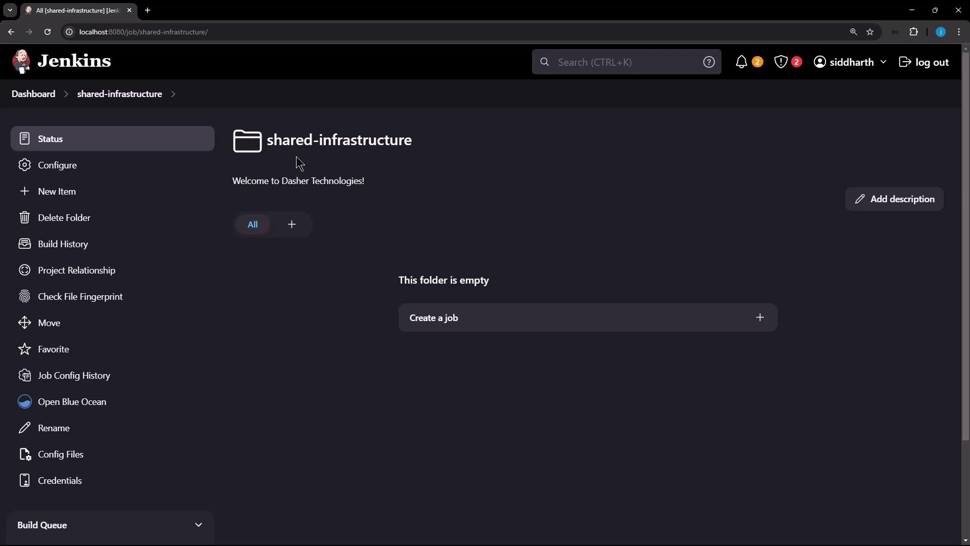 The image shows a Jenkins dashboard for a folder named "shared-infrastructure," which is currently empty. There are options on the left for configuring and managing items within Jenkins.