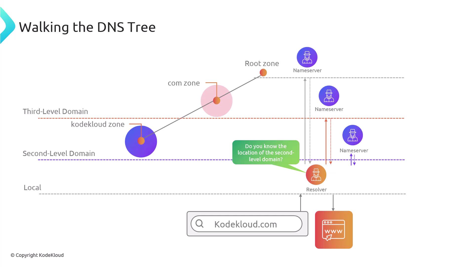 The image illustrates the process of "Walking the DNS Tree," showing the hierarchical structure of domain name resolution from the root zone to third-level domains, involving nameservers and a resolver.