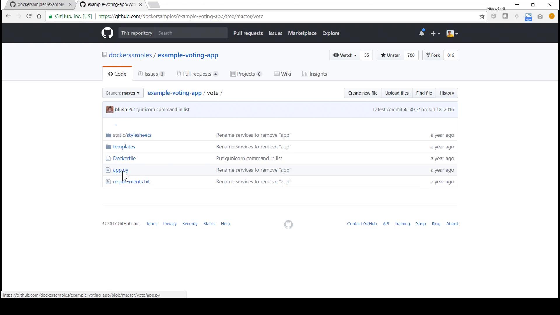 The image shows a GitHub repository page for "example-voting-app" with files like Dockerfile, app.py, and requirements.txt listed.