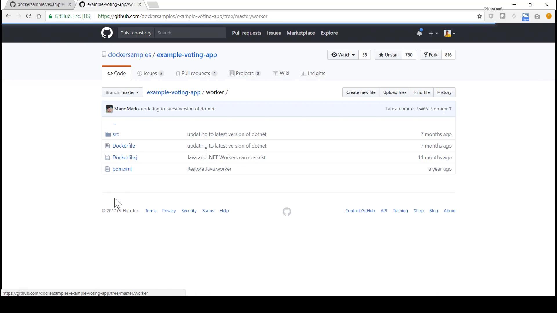 The image shows a GitHub repository page for "example-voting-app" with files like Dockerfile and pom.xml, last updated several months ago.