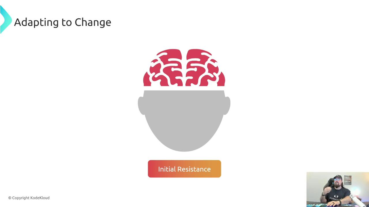 The image shows a graphic of a head with a brain, labeled "Initial Resistance," and the text "Adapting to Change" on the side. There's also a small inset of a person in the bottom right corner.