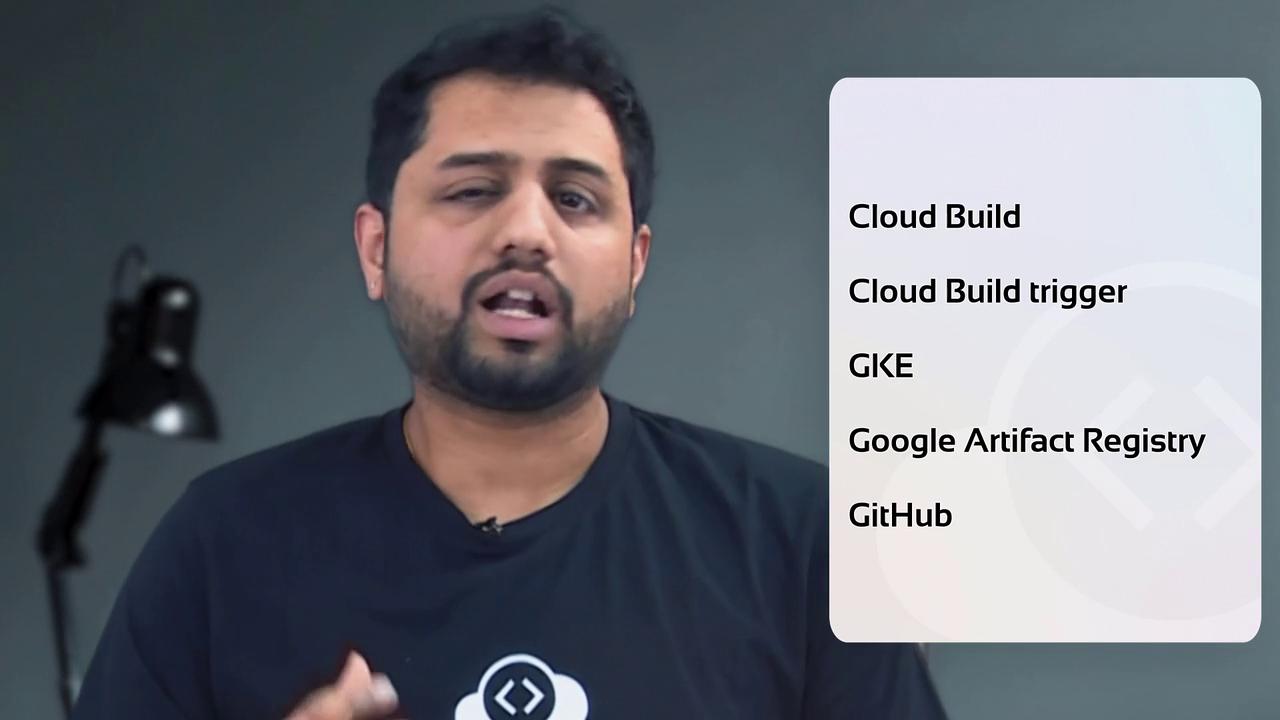 The image shows a person speaking, with a list of tech-related terms on the right, including "Cloud Build," "GKE," and "GitHub."