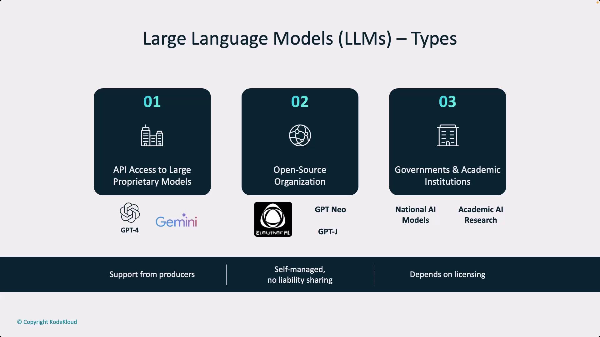 The image categorizes large language models (LLMs) into three types: API access to large proprietary models, open-source organizations, and government & academic institutions, with examples and characteristics for each type.