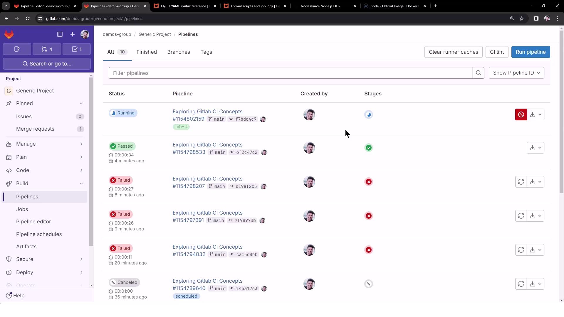 The image shows a GitLab CI/CD pipeline dashboard with a list of pipeline statuses, including running, passed, failed, and canceled. The interface includes options for managing and running pipelines.