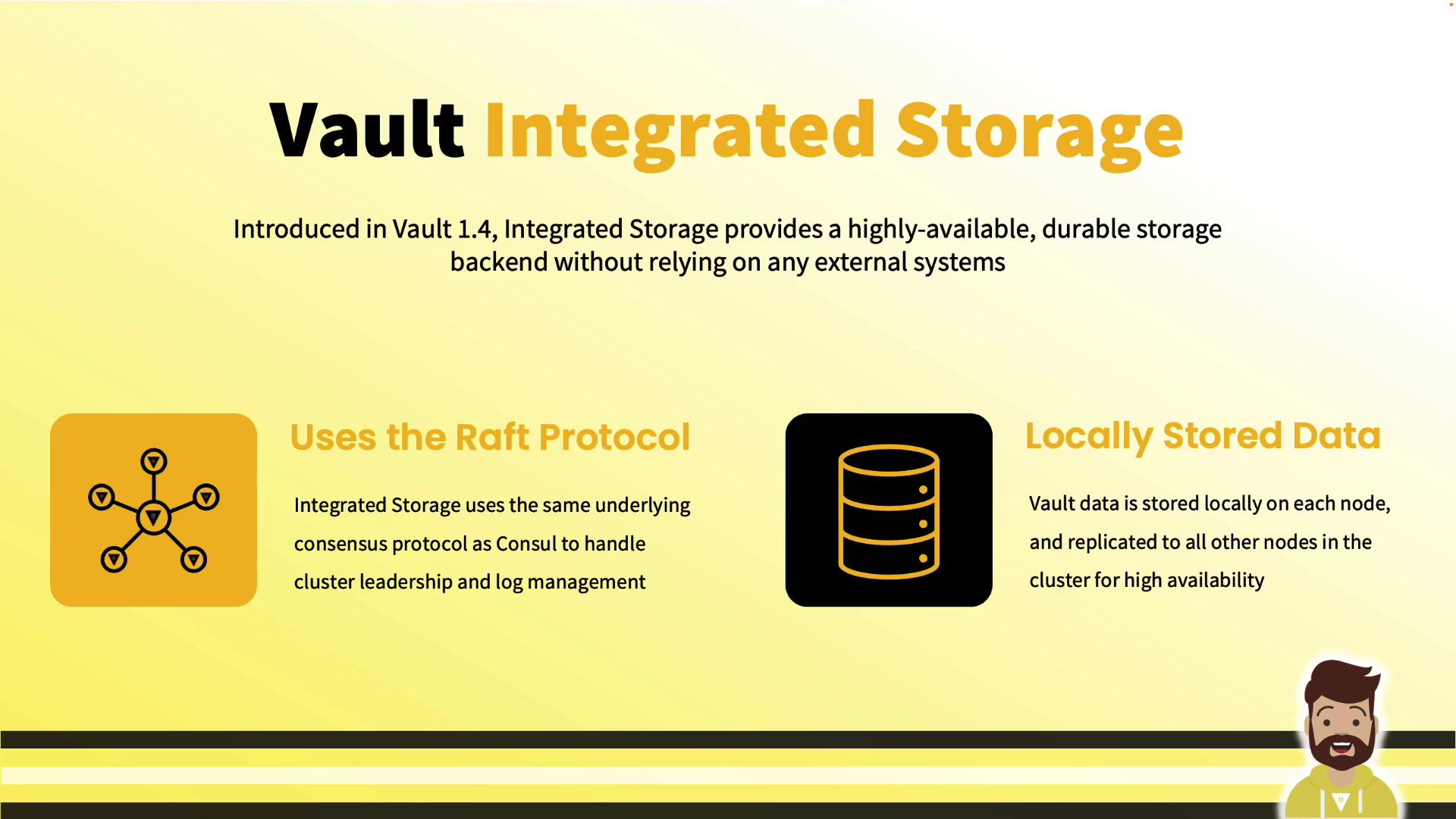 The image is an informational graphic about Vault Integrated Storage, highlighting its use of the Raft protocol and locally stored data for high availability and durability without external systems.