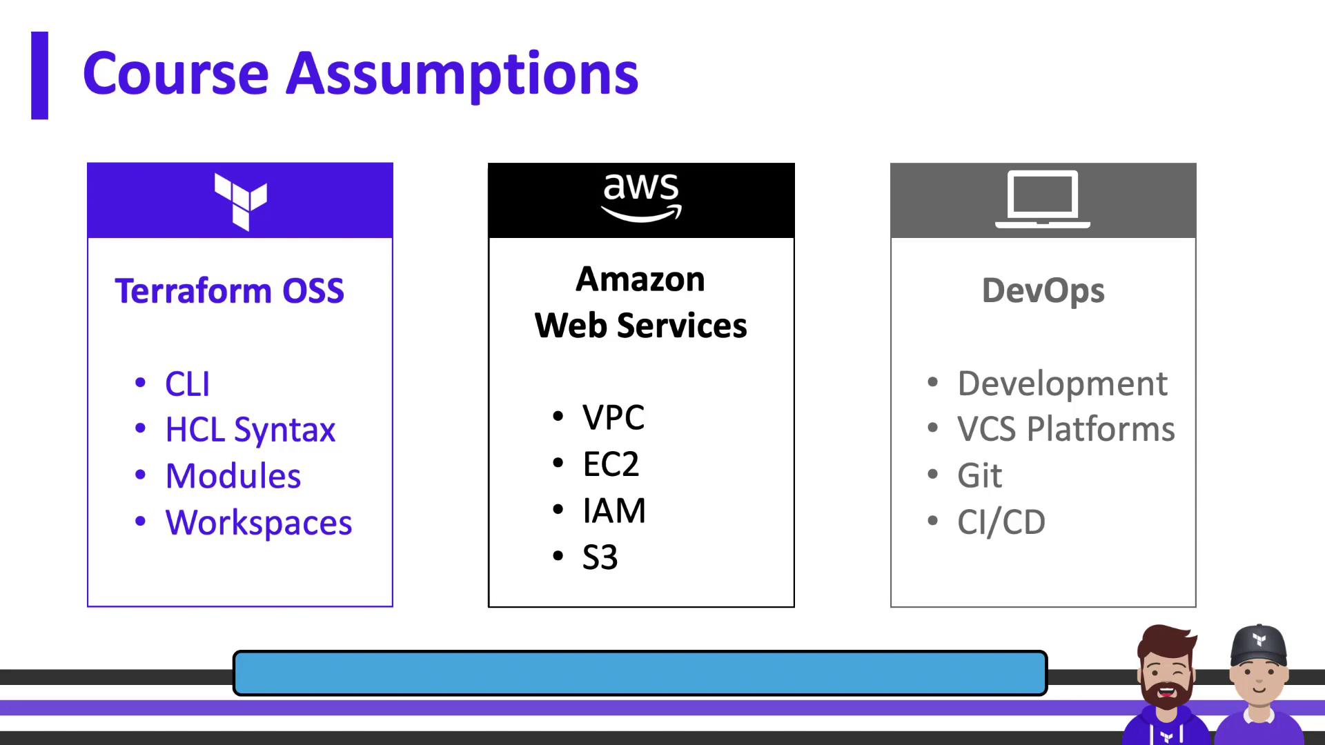 The image outlines course assumptions, covering Terraform OSS, Amazon Web Services, and DevOps, with specific topics listed under each category.