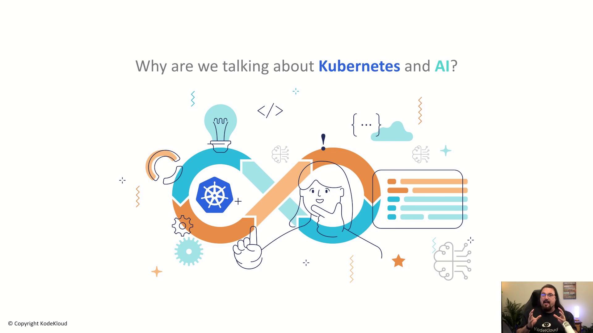 The image features an illustration with the Kubernetes logo, a person thinking, and symbols representing AI and coding, alongside the text "Why are we talking about Kubernetes and AI?" In the bottom right corner, there's a person speaking, possibly in a video or presentation.