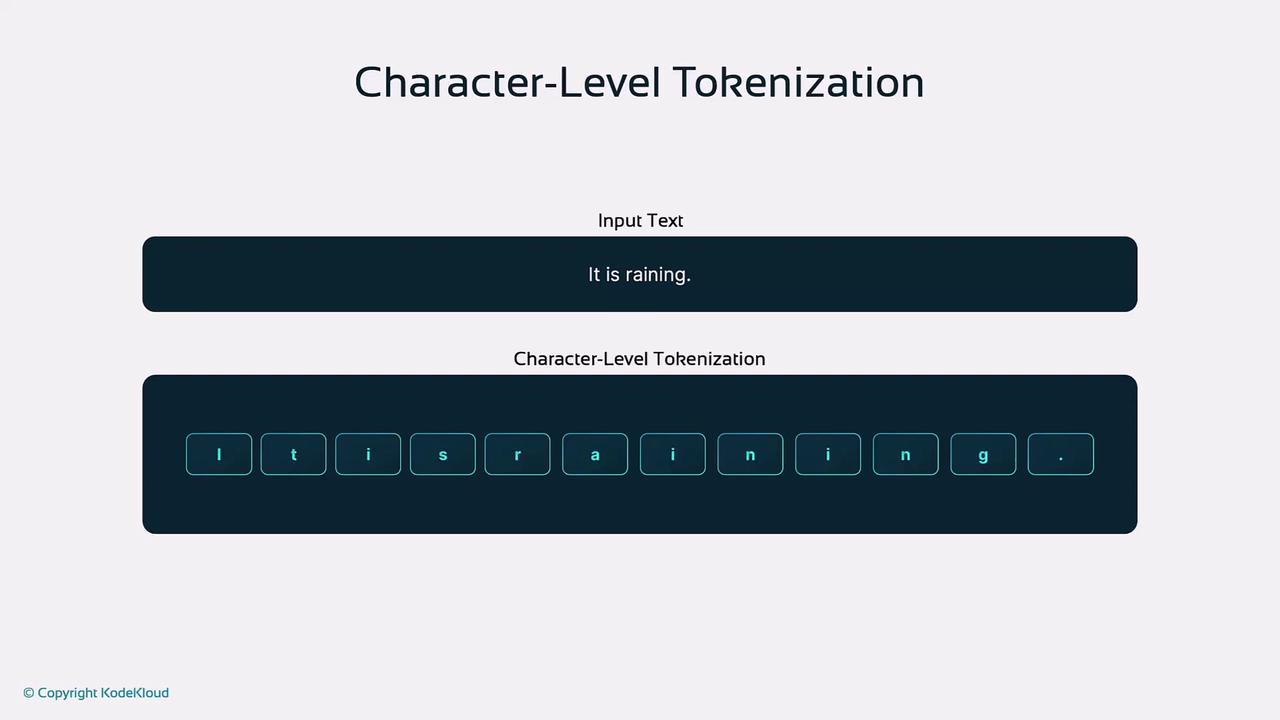The image illustrates character-level tokenization of the input text "It is raining." by breaking it down into individual characters.
