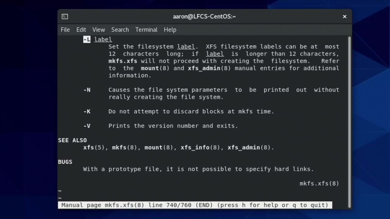The image shows a terminal window displaying a manual page for the `mkfs.xfs` command, detailing options and usage for setting filesystem labels and other parameters.