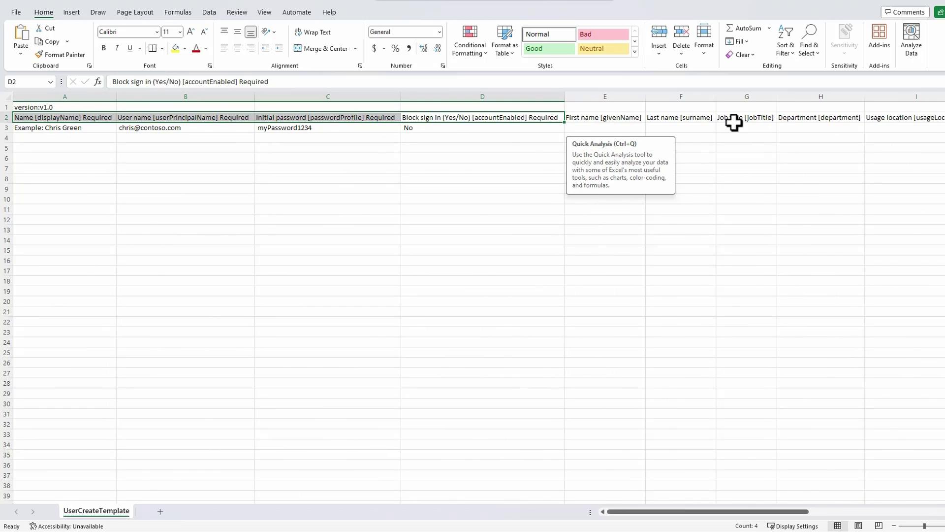 The image shows an Excel spreadsheet with columns for user information such as name, username, password, and job title. There is an example entry in the first row.