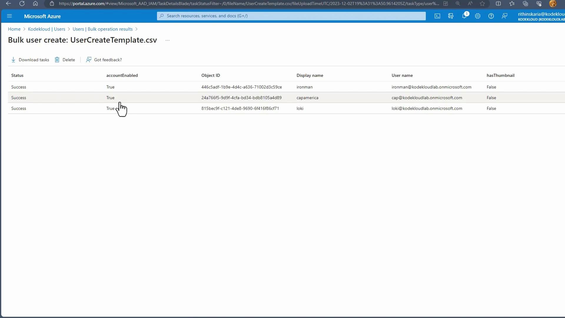 The image shows a Microsoft Azure portal page displaying the results of a bulk user creation operation, with three users successfully created.