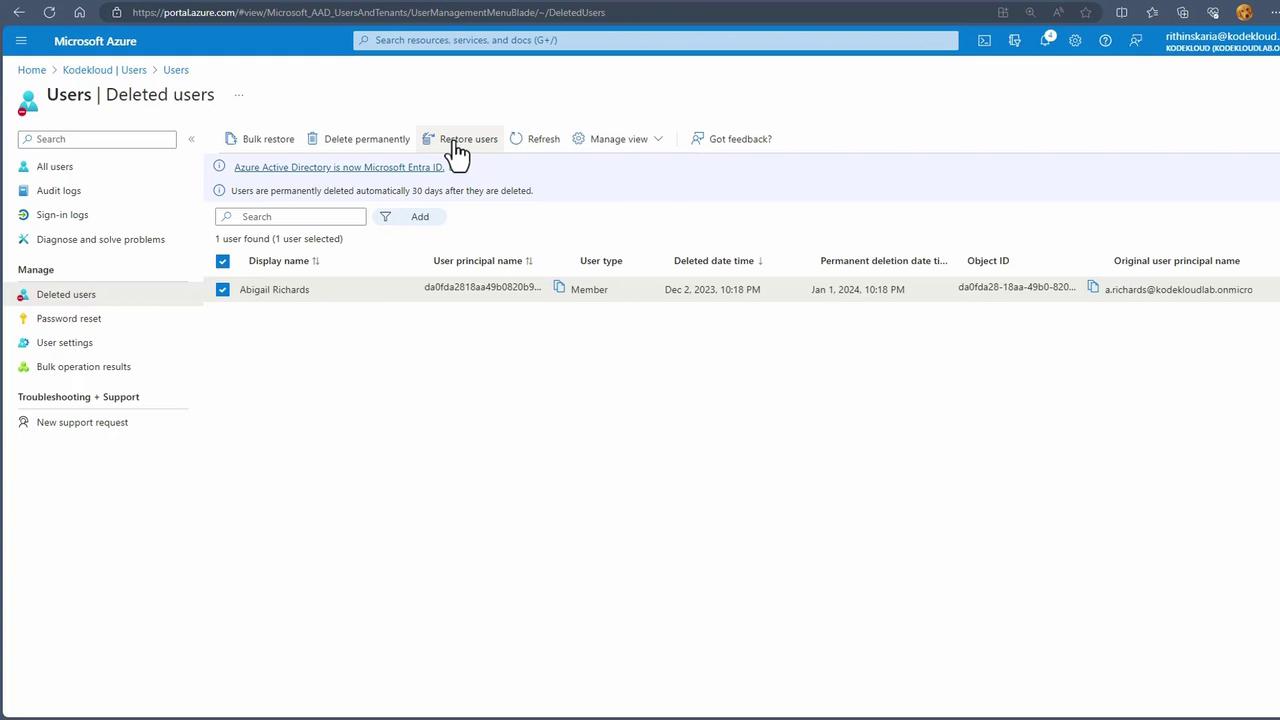 The image shows a Microsoft Azure portal interface displaying a list of deleted users, with options to restore or permanently delete them. A specific user, "Abigail Richards," is selected for potential restoration.